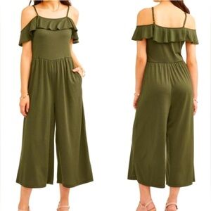 Time and Tru Green Knit Wide Leg Off Shoulder Jumpsuit Size XL
